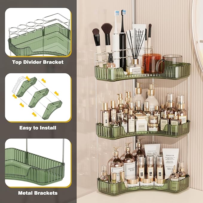 Asayuee 3-Tier Corner Bathroom Counter Organizer with Top Toothbrush Holders,Large Makeup Organizer Countertop with Brush Holder,Skincare Organizers Corner,Exquisite Vanity Organizer (Green, 3 Tier)