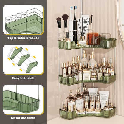 Asayuee 3-Tier Corner Bathroom Counter Organizer with Top Toothbrush Holders,Large Makeup Organizer Countertop with Brush Holder,Skincare Organizers Corner,Exquisite Vanity Organizer (Green, 3 Tier)