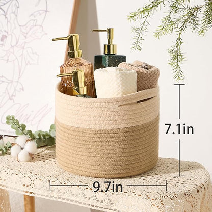 MiniArk Small Basket for Organizing | Cube Shelf Closet Storage Baskets | 9.7×9.7×7.1” | Woven Rope Gift Basket | Nursery | Round 3 Packs Tan