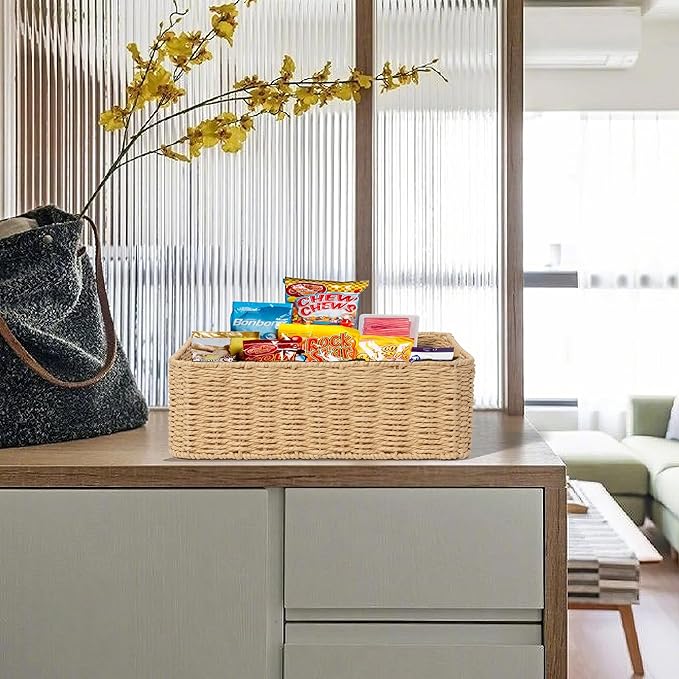 Drawer basket Handwoven Paper Rope Rectangular Shallow Basket Storage-15.35X12.01X4.72 Inches (Light brown)