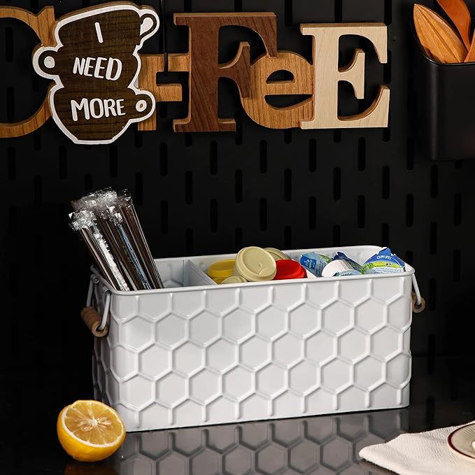 Silverware Caddy for Party Kitchen Flatware Holder for Countertop Metal White Honeycomb Pattern Embossed Cutlery Organizer with 3 Compartments for Utensils, Spoons, Knives, Forks, Cups,