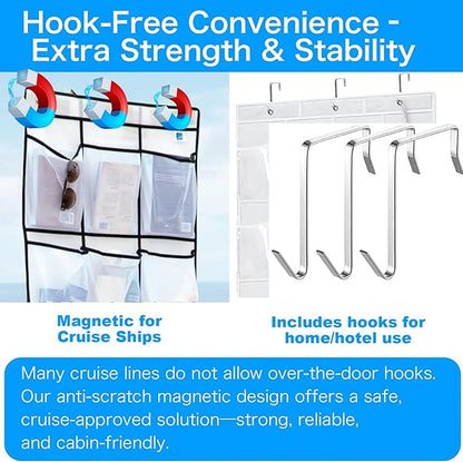 Cruise Magnetic Door Organizer with Hooks, Over the Door Organizer for Cruise Ship Cabins, 15 Mesh Pockets, Magnetic Shoe Organizer, White, 60 x 24 in