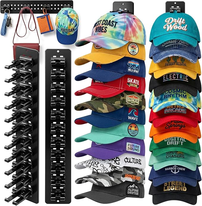 2 Pack Hat Organizer for Baseball Caps,Detachable DIY Hat Rack for Wall Hold Up to 22 Hats,Baseball Cap Organizer Cap Holder Hat Hangers for Wall Closet Door Bedroom (1A-Black)