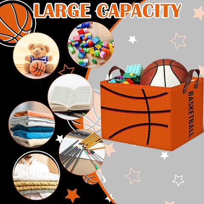 CHENGU 3 Pcs Basketball Baskets Storage Bin Basket for Gifts Collapsible Waterproof Canvas Cube Sports Storage Basketball Organizer with Handles for Clothes Toys Balls Shelf Nursery Boxes Decor
