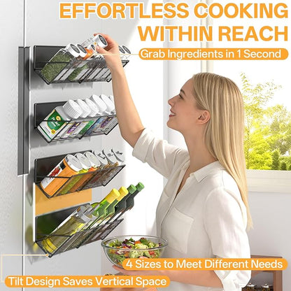 DTUQYX Magnetic Spice Rack for Refrigerator 4 Pack, Extra Long Strong Magnetic Fridge Shelves(14-16.5 inch), Space Saving Spice Organizer 45° Tilt, No Drilling Home Kitchen Laundry Storage Shelves