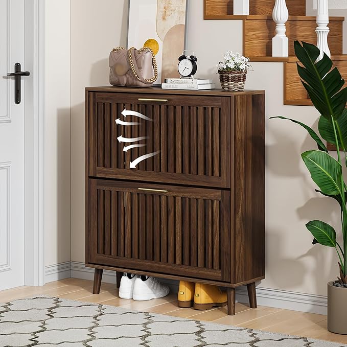Shoe Cabinet, Shoe Storage Cabinet with Louvered 2 Flip Drawers, Narrow Shoe Cabinet Storage for Entryway, Freestanding Shoe Organizer Cabinet with Golden Handles, Slim Shoe Rack Cabinet (Walnut)