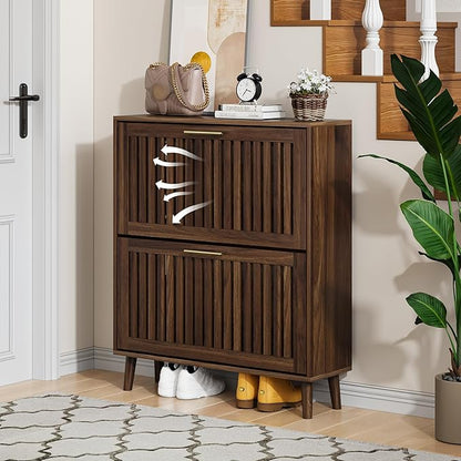 Shoe Cabinet, Shoe Storage Cabinet with Louvered 2 Flip Drawers, Narrow Shoe Cabinet Storage for Entryway, Freestanding Shoe Organizer Cabinet with Golden Handles, Slim Shoe Rack Cabinet (Walnut)