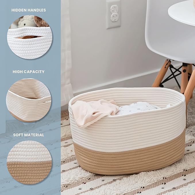 Honey Cotton Rope Baskets for Shelves, Set of 3-15"×10"×9½" - Woven Storage Baskets for Organizing - Closet, Nursery, Bedroom, Playroom - Toys, Books, Towels, Clothes