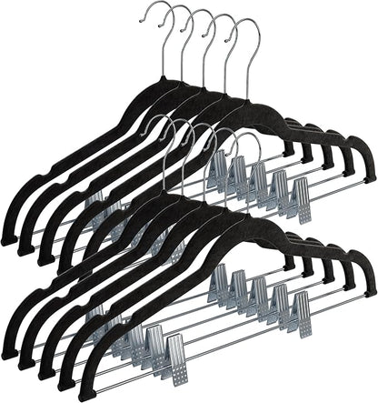 Home-it Pants Hangers With Clips 10 Pack - Black Velvet Non Slip Space-Saving for Pants, Skirts, Coats, Dresses, Tank Tops, Clothes - Felt Ultra Thin