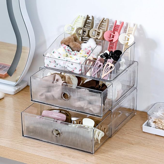 3-Tiers Makeup Organizer with Drawer, Stackable Skincare Storage Box for Vanity and Bathroom, Beauty Essentials, Cosmetic Brushes, Perfume Stand, Large Lipsticks Holder
