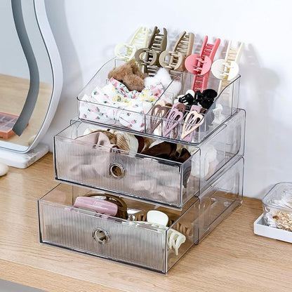 3-Tiers Makeup Organizer with Drawer, Stackable Skincare Storage Box for Vanity and Bathroom, Beauty Essentials, Cosmetic Brushes, Perfume Stand, Large Lipsticks Holder