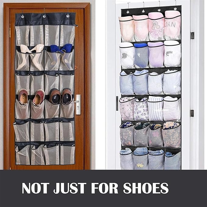 Shoe Rack For Closet Front Door Entrance Entryway Cabinet Hanging Organizer,Shoe Organizers Over The Door Bedroom Bathroom Space Saving Portable Clear 28 Pocket Mesh Breathable Hanger(Black White)