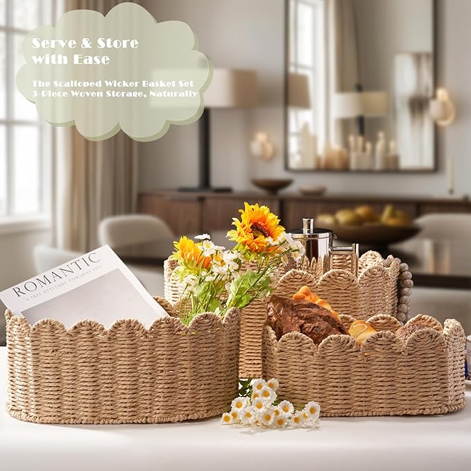 Scalloped Basket Set of 3, Wicker Storage Baskets - Hand-Woven Paper Rope Nursery Organizer for Diaper Caddy, Baby Toys & Shelves, Natural (16x10x7 Inch)