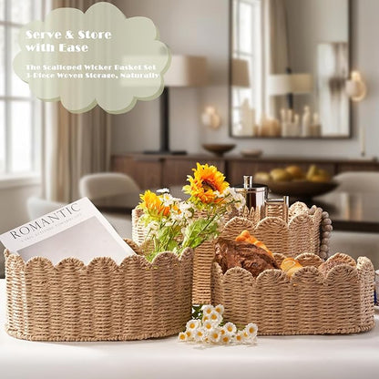 Scalloped Basket Set of 3, Wicker Storage Baskets - Hand-Woven Paper Rope Nursery Organizer for Diaper Caddy, Baby Toys & Shelves, Natural (16x10x7 Inch)