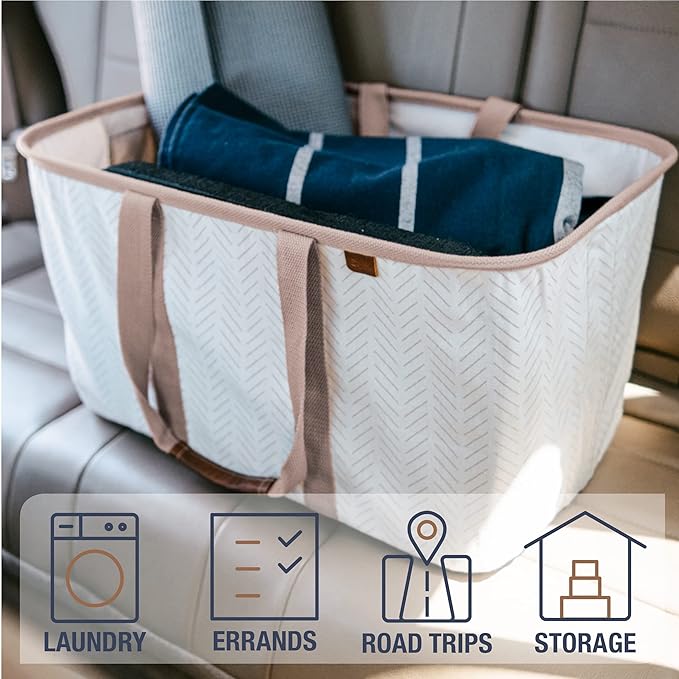 CleverMade Collapsible Laundry Tote 2-Pack (50L) – Foldable Carry-All Storage Bin for Laundry, Car Trunk, RV, Dorm & Home Organization – LUXE Cotton Blend with Vegan Leather Accents, Cream