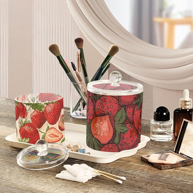 2 Pack Qtip Dispenser Apothecary Jars with Lids Cotton Round Holder Bathroom Canisters for Cotton Swab Floss Ball Pads Clear Plastic Decorative Red Strawberries