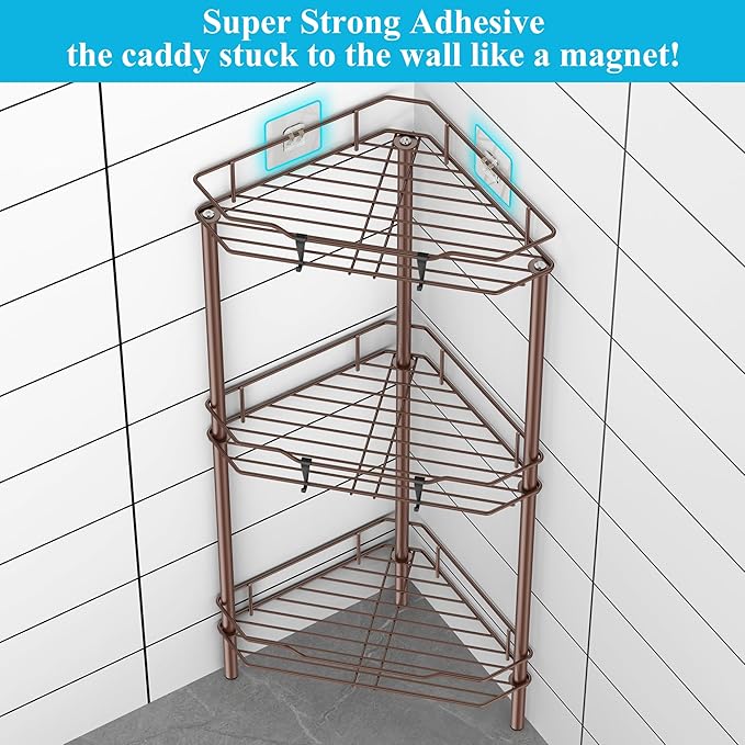 HuggieGems 3 Tier Floor Standing Corner Shower Caddy Organizer Shelf with Hooks, Bathroom Shelves Stand Rack, Coffee