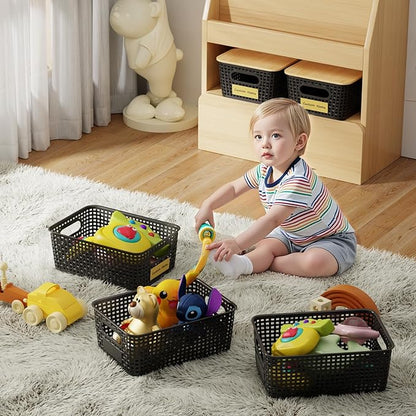 8 Pcs Plastic Storage Bins with Bamboo Lids and Labels 5.29qt Stackable Box Basket Pantry Decorative Containers, Small Storage Baskets for Desktop Organizing Shelves Bedrooms Cabinets 10*7.2*4.1"