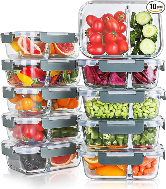 KOMUEE 10 Packs 30oz Glass Meal Prep Containers 2 Compartments,Glass Food Storage Containers with Lids,Airtight Lunch Bento Boxes,Microwave,Oven,Freezer and Dishwasher Safe