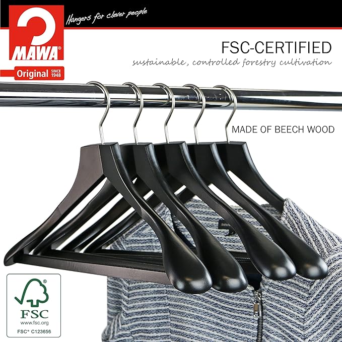 MAWA by Reston Lloyd, European Wooden Hanger, Beech Wood Body Form Hanger with Wide Supportive Shoulders, Rotating Chrome Hook, Black Finish, for Shirts, Blazers, Pants, Dress Clothes, Set of 2