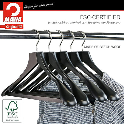 MAWA by Reston Lloyd, European Wooden Hanger, Beech Wood Body Form Hanger with Wide Supportive Shoulders, Rotating Chrome Hook, Black Finish, for Shirts, Blazers, Pants, Dress Clothes, Set of 2