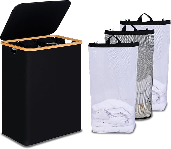 efluky Laundry Hamper with Lid, Trio Laundry Basket with 2 Removable Bags, 3 Section Laundry Bin with Bamboo Handles for Bathroom, Bedroom & Laundry Room, 160L (42.3 Gallon) Black
