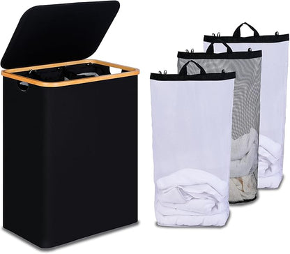 efluky Laundry Hamper with Lid, Trio Laundry Basket with 2 Removable Bags, 3 Section Laundry Bin with Bamboo Handles for Bathroom, Bedroom & Laundry Room, 160L (42.3 Gallon) Black