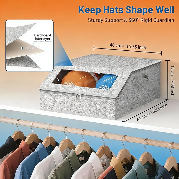 Hat Storage Box Organizer, 1-Pack, Stackable with Clear Windows, Holds 24 Baseball Caps, Grey