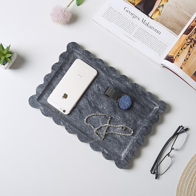 Real Natural Scalloped Marble Tray for Bathroom, Vanity, Kitchen and Desktop, Decorative Stone Tray for Jewelry, Cosmetics, Candles, Lotion, Perfume and Home Decor (Black, 12" L x 8" W)