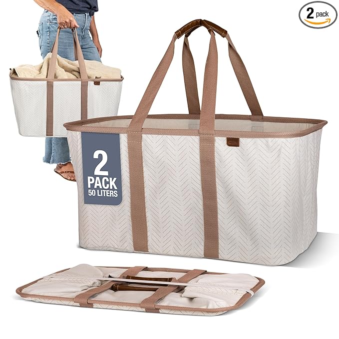 CleverMade Collapsible Laundry Tote 2-Pack (50L) – Foldable Carry-All Storage Bin for Laundry, Car Trunk, RV, Dorm & Home Organization – LUXE Cotton Blend with Vegan Leather Accents, Cream