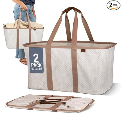 CleverMade Collapsible Laundry Tote 2-Pack (50L) – Foldable Carry-All Storage Bin for Laundry, Car Trunk, RV, Dorm & Home Organization – LUXE Cotton Blend with Vegan Leather Accents, Cream