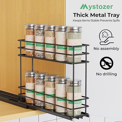 Mystozer Pull Out Spice Rack Organizer for Cabinet, Slide Out Spice Racks, Easy to Install Spice Cabinet Organizer, 2.5" Wx10.43 Dx8.26 H, 1 Drawer 2 Tiers（Black）