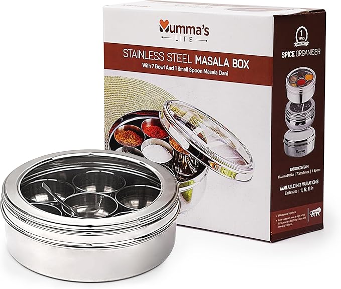 Mumma's LIFE Stainless Steel Masala Dabba/Spice Box with See Through Lid, 7 Containers and 1 Small Spoons (13 inch)