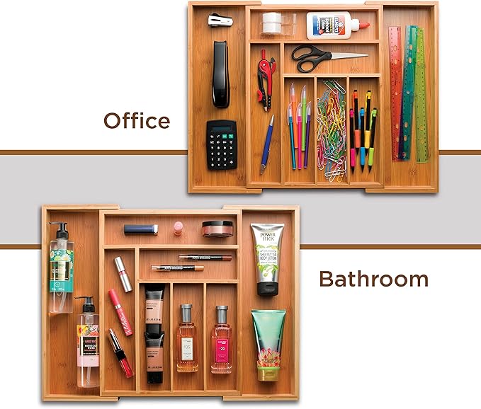 Bambüsi Bamboo Expandable Drawer Organizer for Utensils - Adjustable Cutlery Tray with Dividers for Silverware, Flatware, and Knives in Kitchen, Bedroom, or Living Room Storage Organization