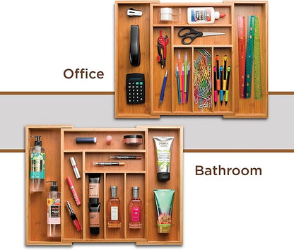 Bambüsi Bamboo Expandable Drawer Organizer for Utensils - Adjustable Cutlery Tray with Dividers for Silverware, Flatware, and Knives in Kitchen, Bedroom, or Living Room Storage Organization
