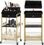 Large Makeup Organizer Cart with Hair Tool Holder, Rolling Makeup Cart with Drawer, 2-in-1 Vanity Organizer Cosmetic Display Cases for Skin Care Perfume Nail Polish Brush Tools, Gold & Black