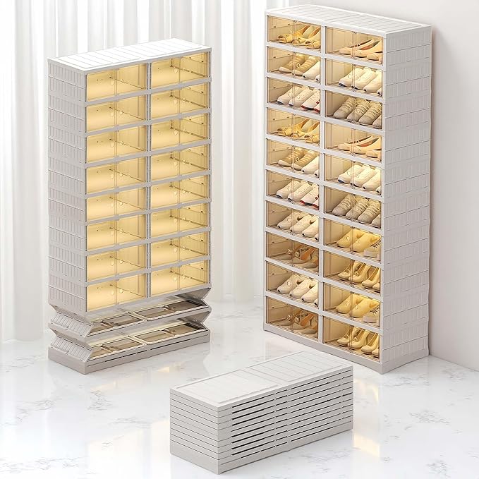 10-Tiers Shoe Rack Organizer with Doors, Foldable Storage Cabinet Holds 40 Pairs, Stackable Plastic Shelf for Closet, Entryway, Living Room, Collapsible Easy Assembly Large