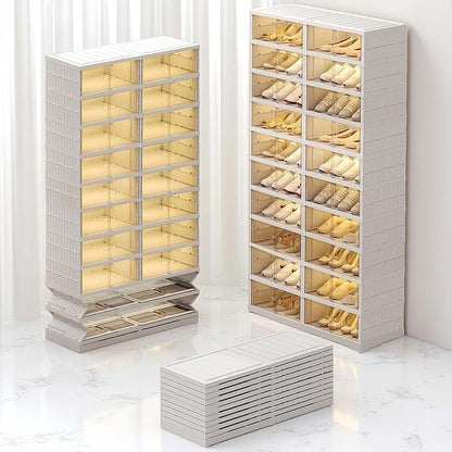 10-Tiers Shoe Rack Organizer with Doors, Foldable Storage Cabinet Holds 40 Pairs, Stackable Plastic Shelf for Closet, Entryway, Living Room, Collapsible Easy Assembly Large