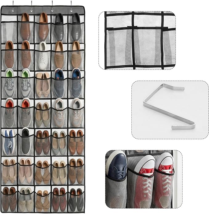 Over the Door Shoe Organizer with 35 Large Pockets Hanging Shoe Rack Storage Holder for Men Women Gray