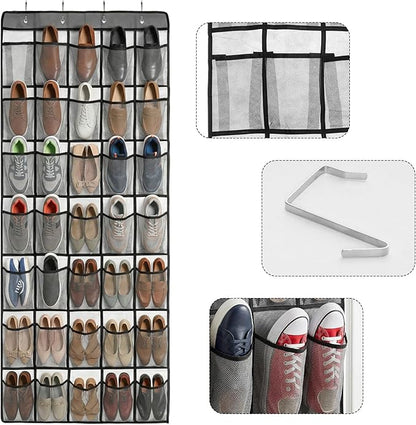 Over the Door Shoe Organizer with 35 Large Pockets Hanging Shoe Rack Storage Holder for Men Women Gray