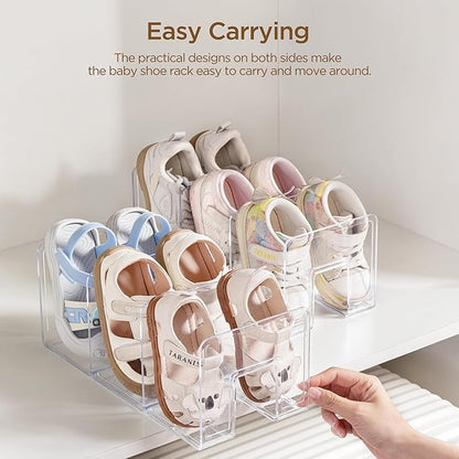 HBlife Widened 4.17 Inch Clear Acrylic Kids Shoe Rack for Closet Organizers and Storage, Small Shoe Rack 3 Sections Toddler Baby Shoe Storage Organizer Shelf, Desk File Book Purse Organizer(2 Pack)