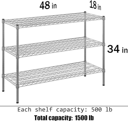 18" Deep x 48" Wide x 34" Height Wire Shelving Kit | 3-Tier | NSF Commercial Storage Rack Unit