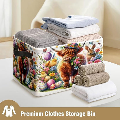 Highland Cow Easter Rabbit Chicken Storage Basket Large Foldable Storage Bin Cube Collapsible Organizer for Pantry Bedroom Decor