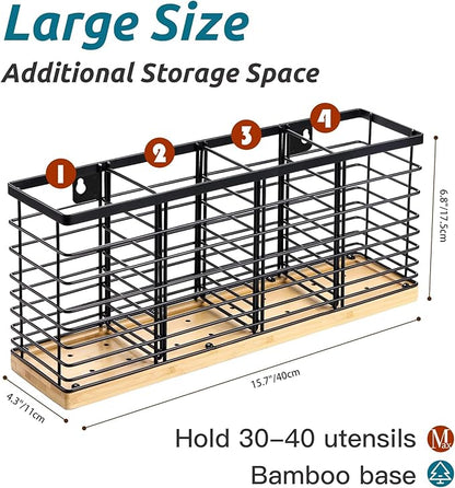 Suli Extra Large Kitchen Utensil Holder Countertop with 4 Compartments,Matte Black Metal holder with Wooden Base for Countertop,Farmhouse Utensil Organizer for counter,Rustic Cooking Utensil Organizer