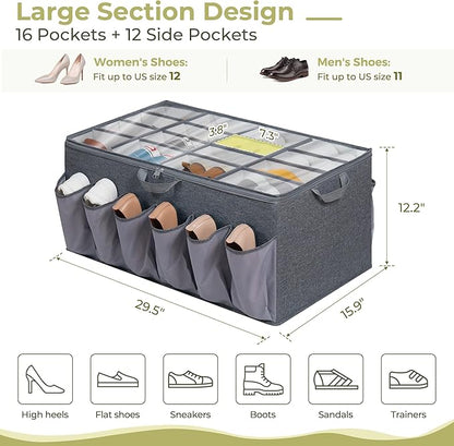 Extra Large Shoe Organizer for Closet, Fits up to 28 Pairs, Fabric Shoe Box Storage Containers with Adjustable Dividers and Clear Cover, Grey, 1 Pack