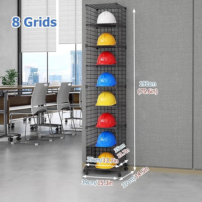 Stackable Safety Helmet Storage Boxes, Large Adjustable Hard Hat Placement Organizer Rack with Wheels for Construction Site/Garage/Workshop/Factory Helmet Display Shelf (1 * 8)