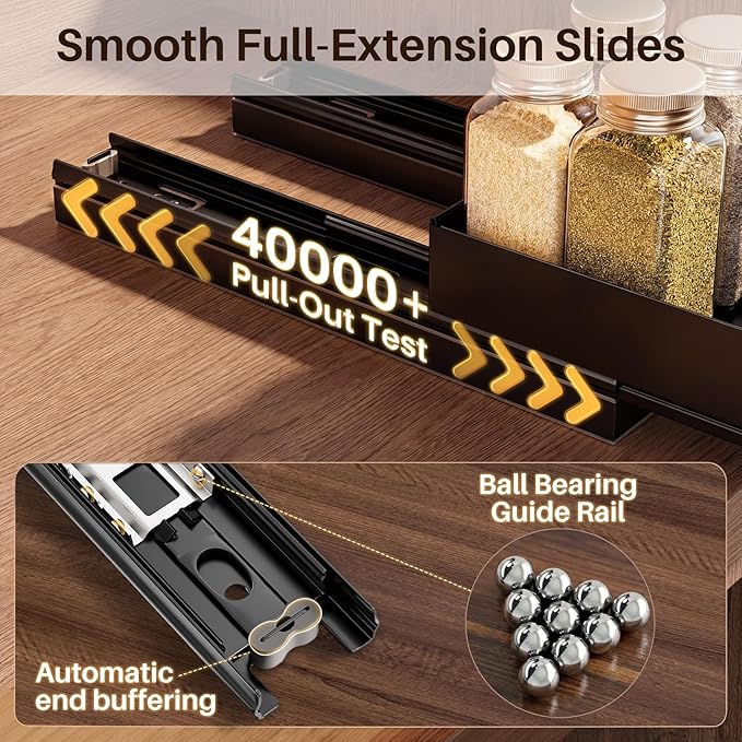 SNTD Pull Out Spice Rack for Upper Cabinet - Expandable Organizer with Smooth Ball Bearing Slides, No Drill Mounting Spice Storage for Kitchen (1 Pack, 7.2" to 12.9" W X 10" D X 2.2" H)