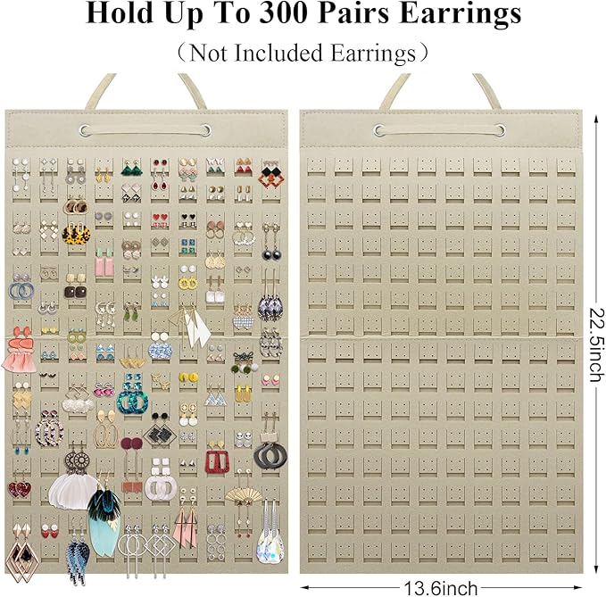 Earrings Organizer, Hanging Earring Holder Holds Up to 300 Pairs, Stud Earring Organizer Large Capacity Storage Earring Hanger, Earring Display Holder Brooch Pin Organizer for Women Girls-Beige