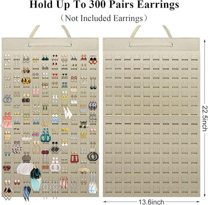 Earrings Organizer, Hanging Earring Holder Holds Up to 300 Pairs, Stud Earring Organizer Large Capacity Storage Earring Hanger, Earring Display Holder Brooch Pin Organizer for Women Girls-Beige