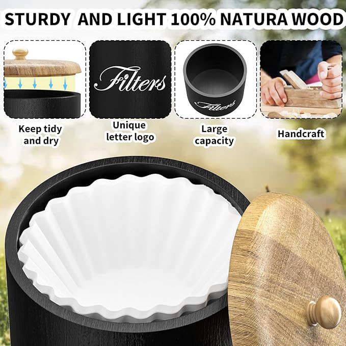 Wooden Coffee Filter Holder with Lid, Basket Storage Container for Counter, Black Small Bar Accessories for Coffee Bar Station(Black Wooden)
